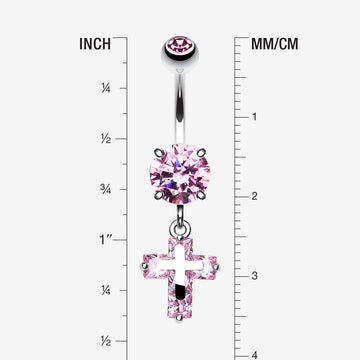 Detail View 1 of Cross on Cross Sparkle Belly Ring-Pink
